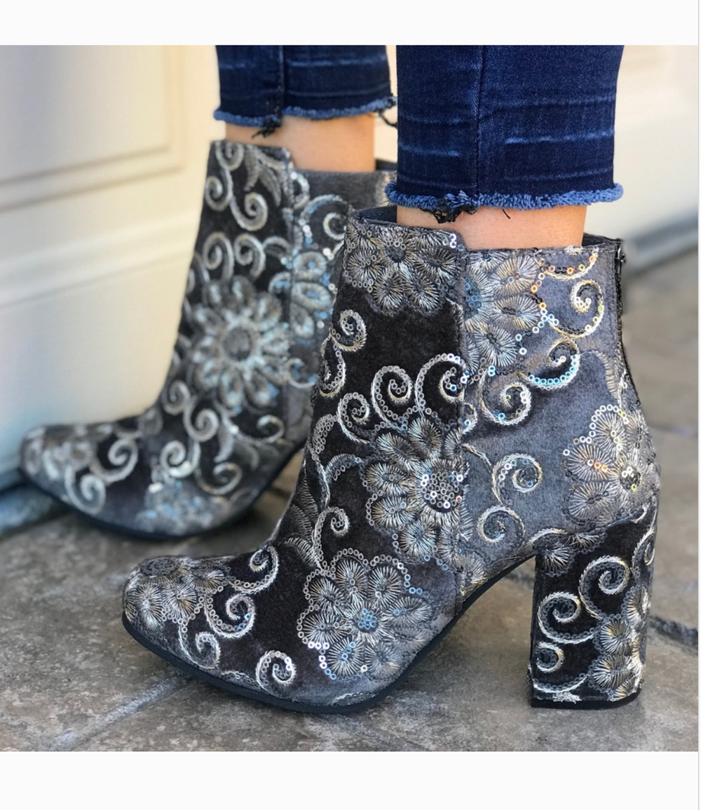 Naughty Monkey Scarlett Velvet Boots 8 NWT Gray Embroidered Floral Ankle Heel